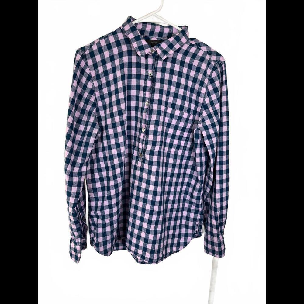 J.Crew Women's Navy and Pink Gingham Button-Up Long Sleeve Shirt Size 8